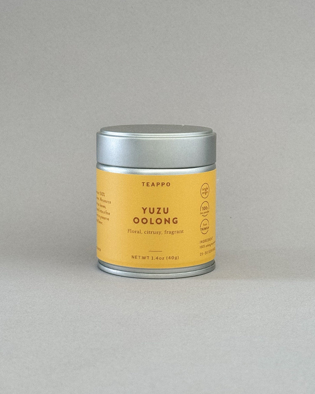 Teappo Yuzu Oolong Powder in a tea tin, showcasing 1.4 oz of premium Taiwanese oolong tea powder, ideal for lattes.