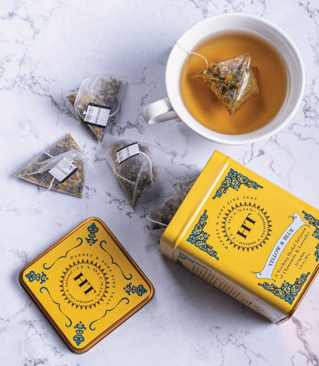 Harney & Sons Yellow & Blue, HT Tin of 20 Sachets displayed in an elegant tin packaging with a colorful design.
