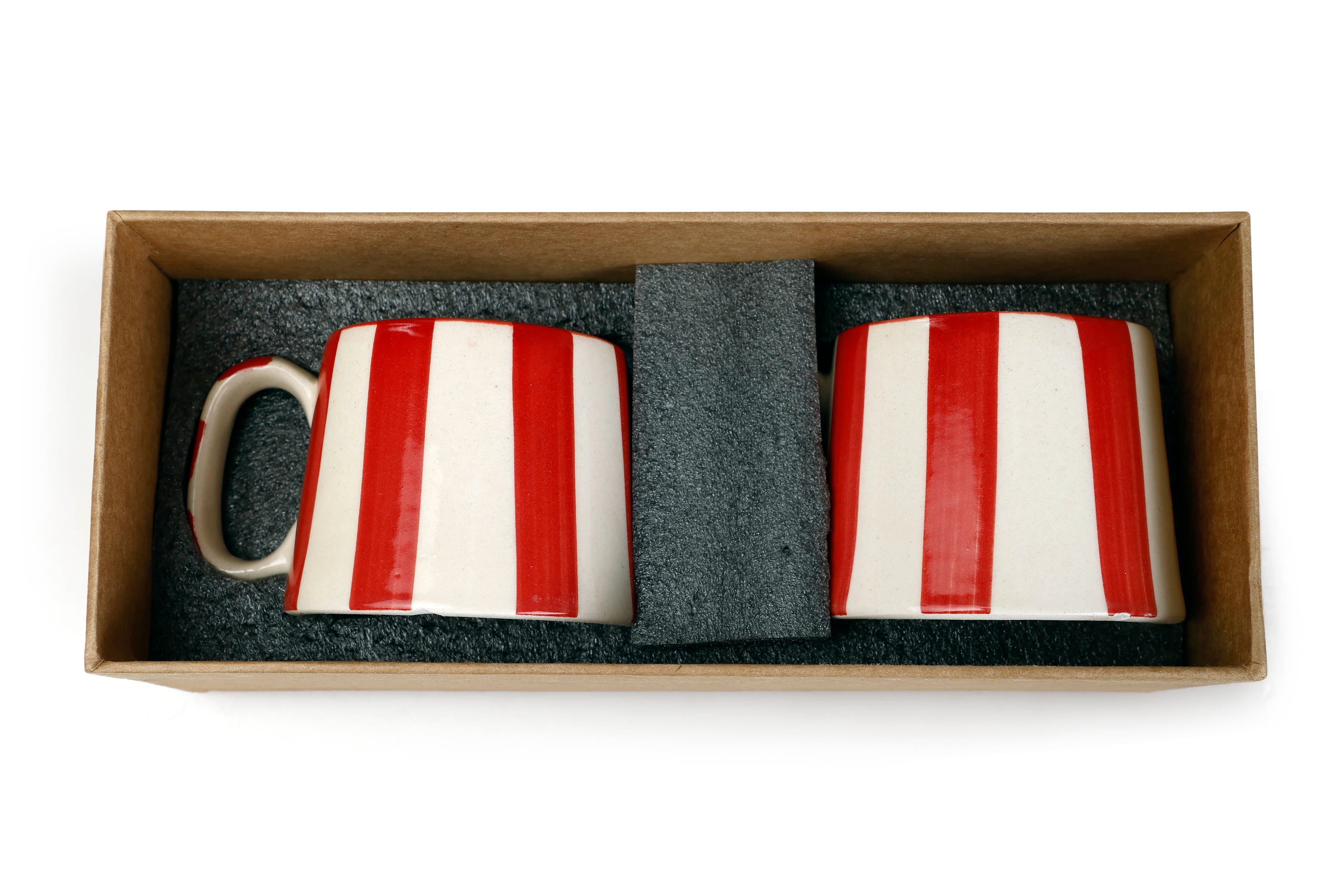 Casa Amarosa Ceramic Red Stripe Cup - 3.5 x 2.5 Inches ( Set of 2 )