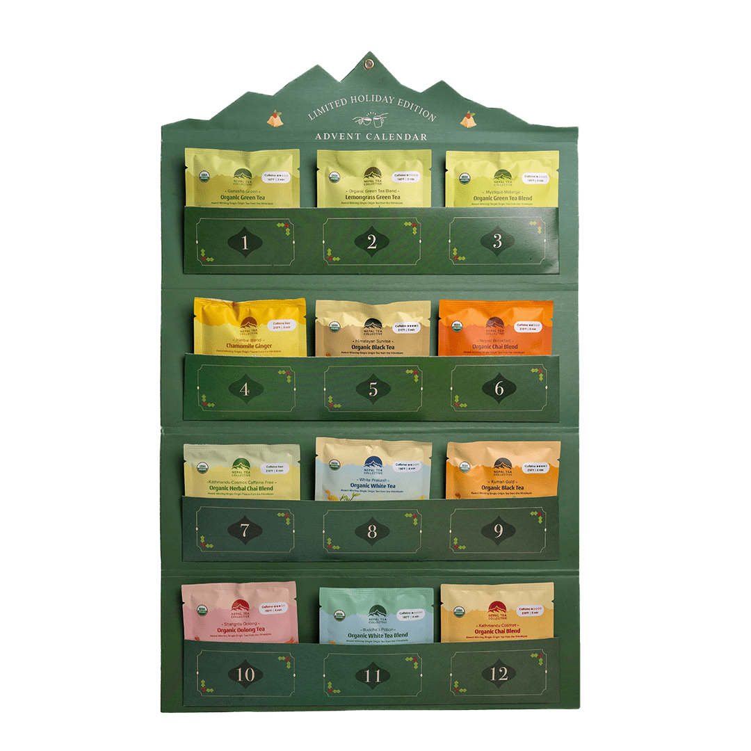 Tea Advent Calendar by Nepal Tea featuring a colorful design with numbered compartments for tea selections.