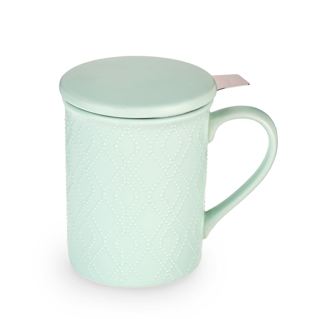 Pinky Up Annette: Souk Mint Ceramic Tea Mug & Infuser with heat-retaining lid, 12 oz capacity, ceramic and stainless steel materials.