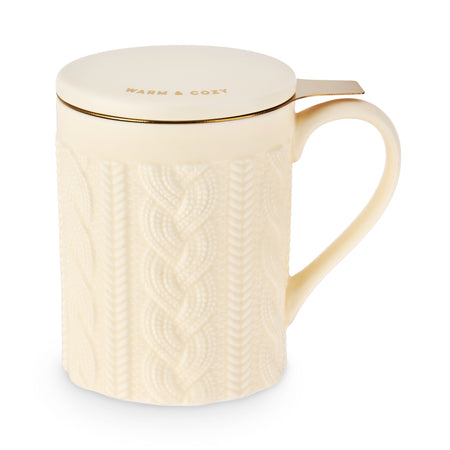 Pinky Up Annette Knit Ceramic Tea Mug & Infuser with a ceramic lid and stainless steel infuser, 12 oz capacity.