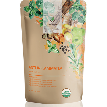 Gardenika Anti-Inflammatory Tea, Loose Leaf, USDA Organic, 4 oz package displayed in a natural setting.