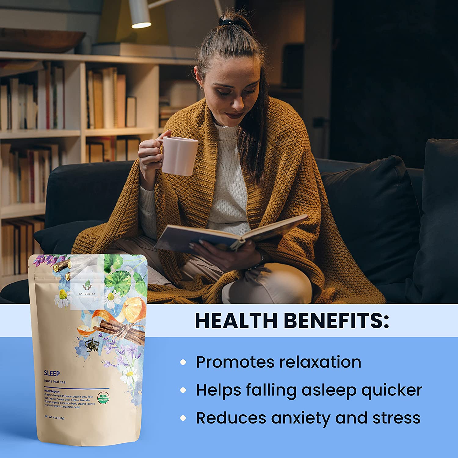 Gardenika Sleep Calm Loose Leaf Herbal Tea with Chamomile, USDA Organic, Kosher, Caffeine Free - 4 oz (114g)