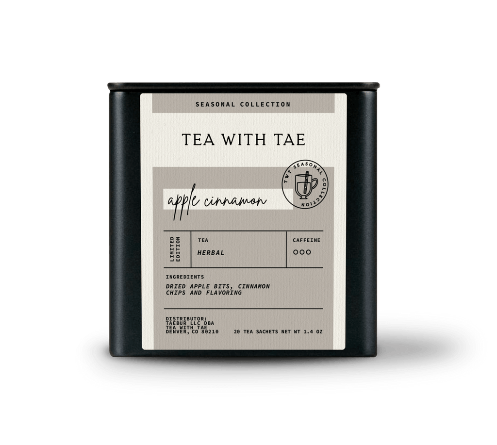 Tea with Tae Apple Cinnamon Tea Tin Gift (20 Sachets) featuring eco-friendly pyramid sachets and a tin design suitable for gifting.