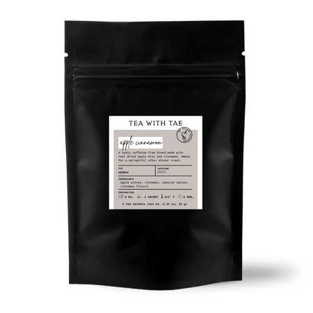 Tea with Tae Apple Cinnamon 5ct. Pouch, featuring biodegradable tea pyramid sachets with dried apple pieces and cinnamon chips.