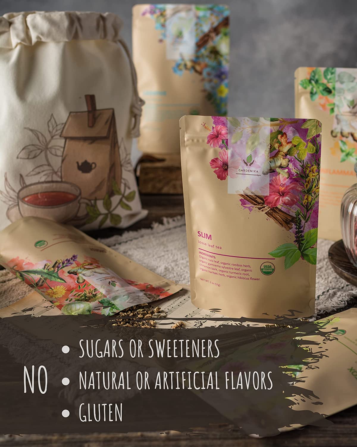 Gardenika Organic Loose Leaf Tea Sampler, Caffeine-Free Herbal Assortment, 120+ Cups – 5 Pack