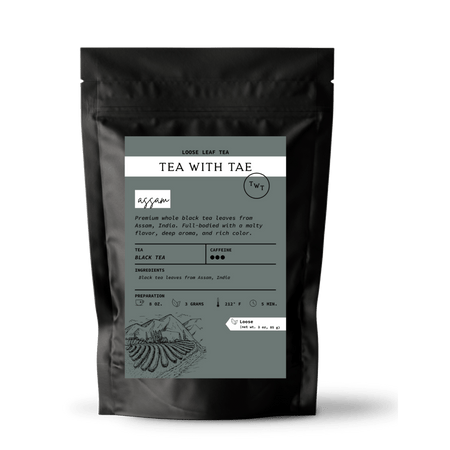 Tea with Tae Assam Loose Leaf Tea Pouch (3oz. or 1lbs.) showing a pouch of loose leaf Assam black tea with a malty flavor profile.