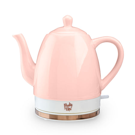 Pinky Up Noelle™ Pink Ceramic Electric Tea Kettle with rose gold base, 1.5L capacity, and plug-in features.