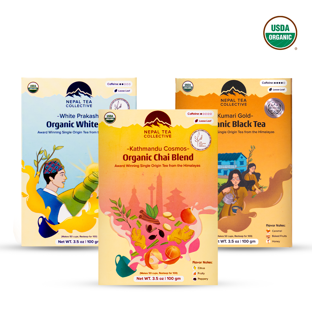 Award-Winning Bundle by Nepal Tea featuring three types of loose-leaf tea: Kumari Gold, White Prakash, and Kathmandu Cosmos.