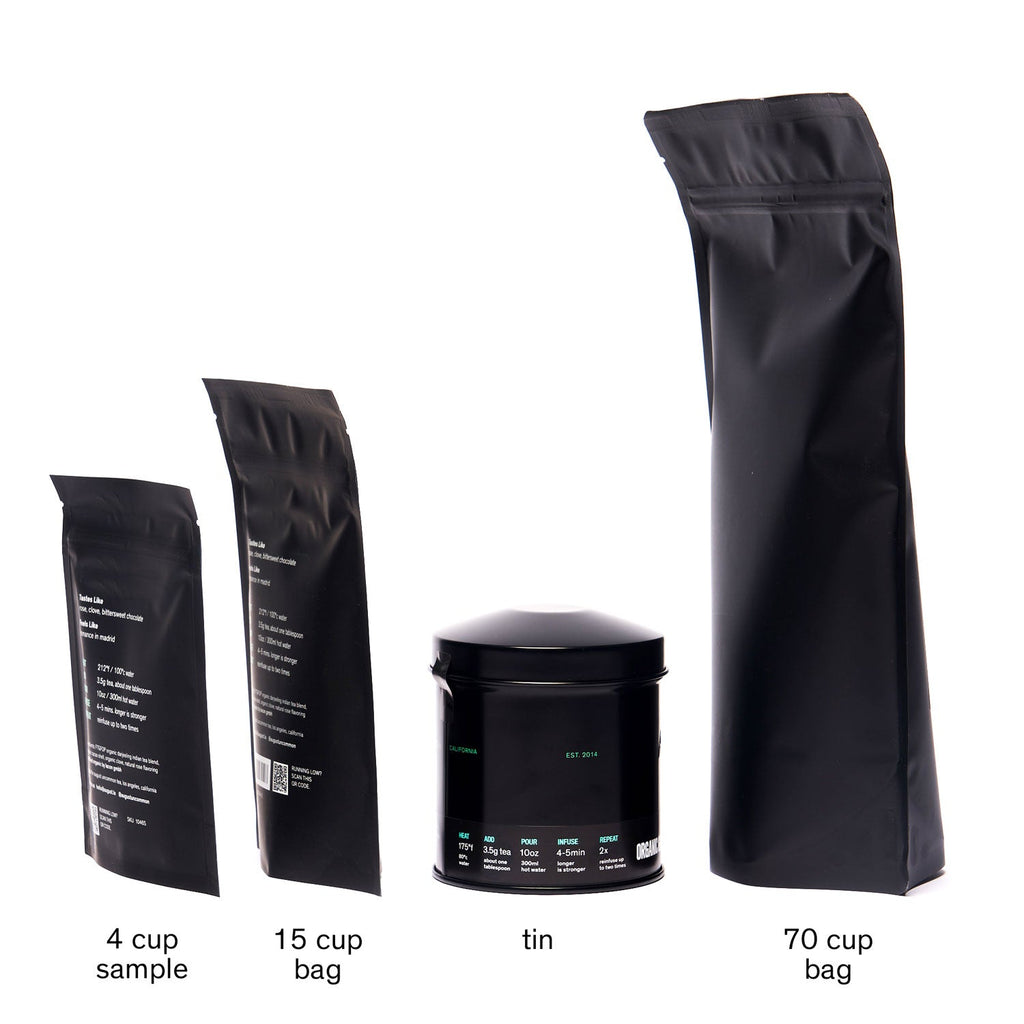 August Combray - Vanilla Cardamom Green Tea bag and tin size comparison displayed in the image