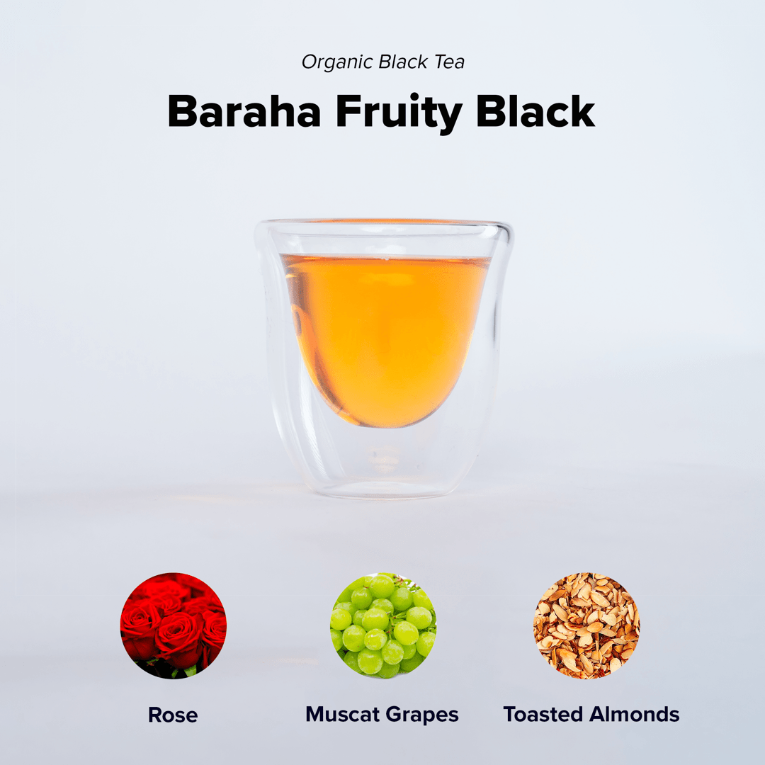 Baraha Fruity Black tea by Nepal Tea, shown in packaging with vibrant colors and a design featuring fruit illustrations.