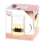 Pinky Up Blake Glass Tea Infuser Mug with a clear glass design and stainless steel infuser, perfect for brewing tea.