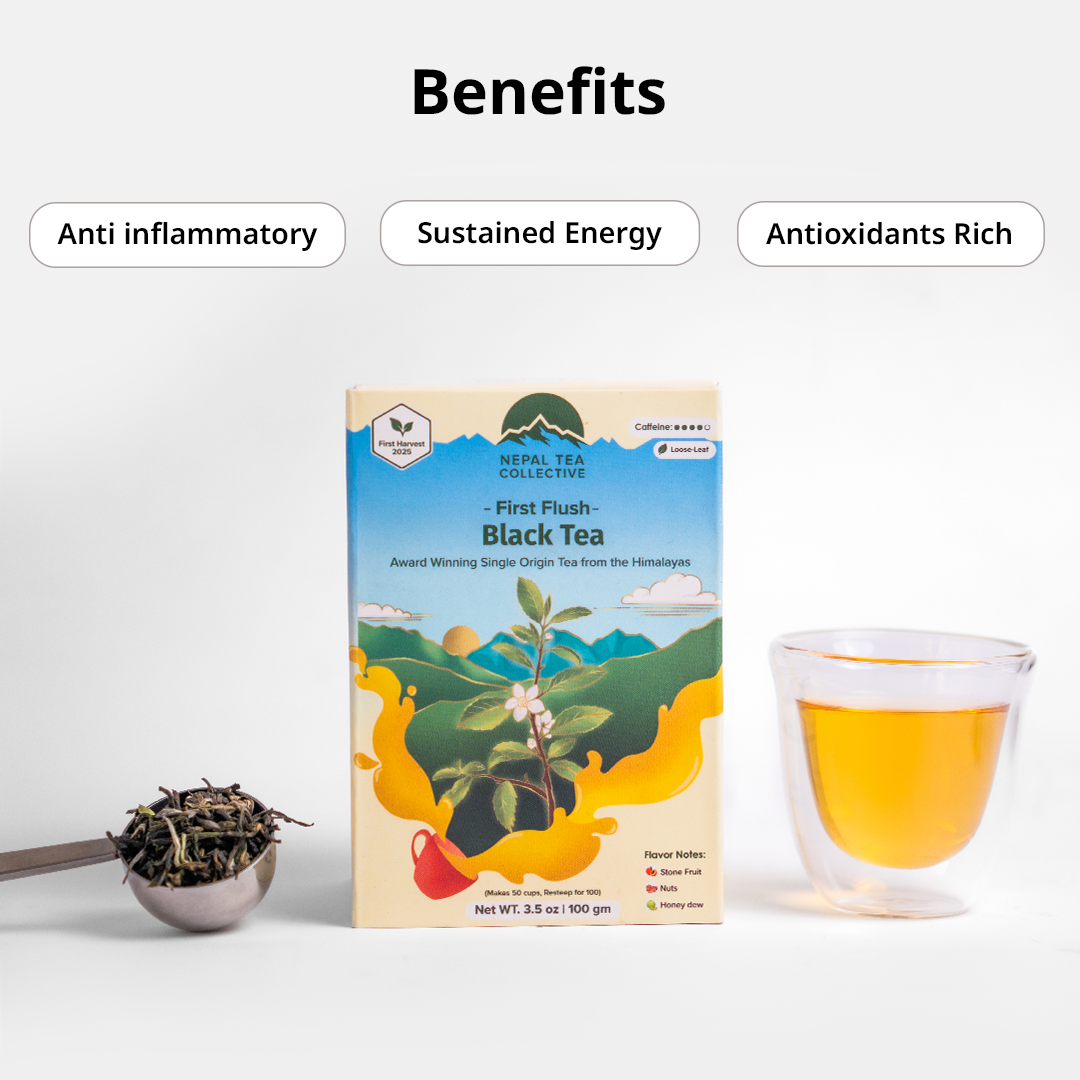 First Flush Black Tea by Nepal Tea, image showing benefits of tea with informational graphics