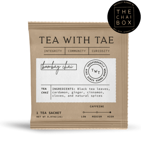Tea with Tae Bombay Chai 50 ct. Overwrap Bag featuring 50 individually-wrapped pyramid tea bags with a blend of black tea and spices.