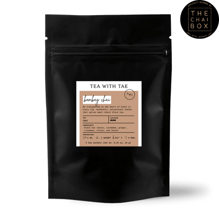 Tea with Tae Bombay Chai 5ct. Pouch featuring pyramid sachets of masala chai blend with black tea and spices.