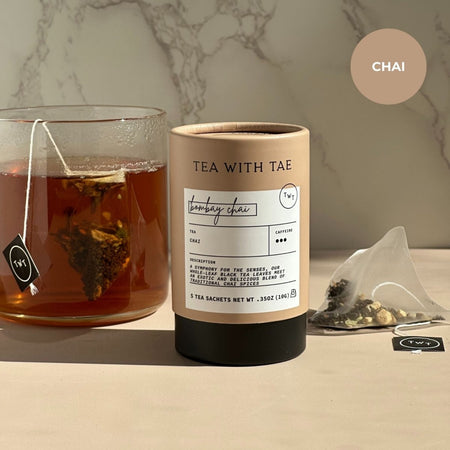 Tea with Tae Bombay Chai Mini Tea Tube (5 tea bags) displayed in packaging, featuring the brand logo and product details.