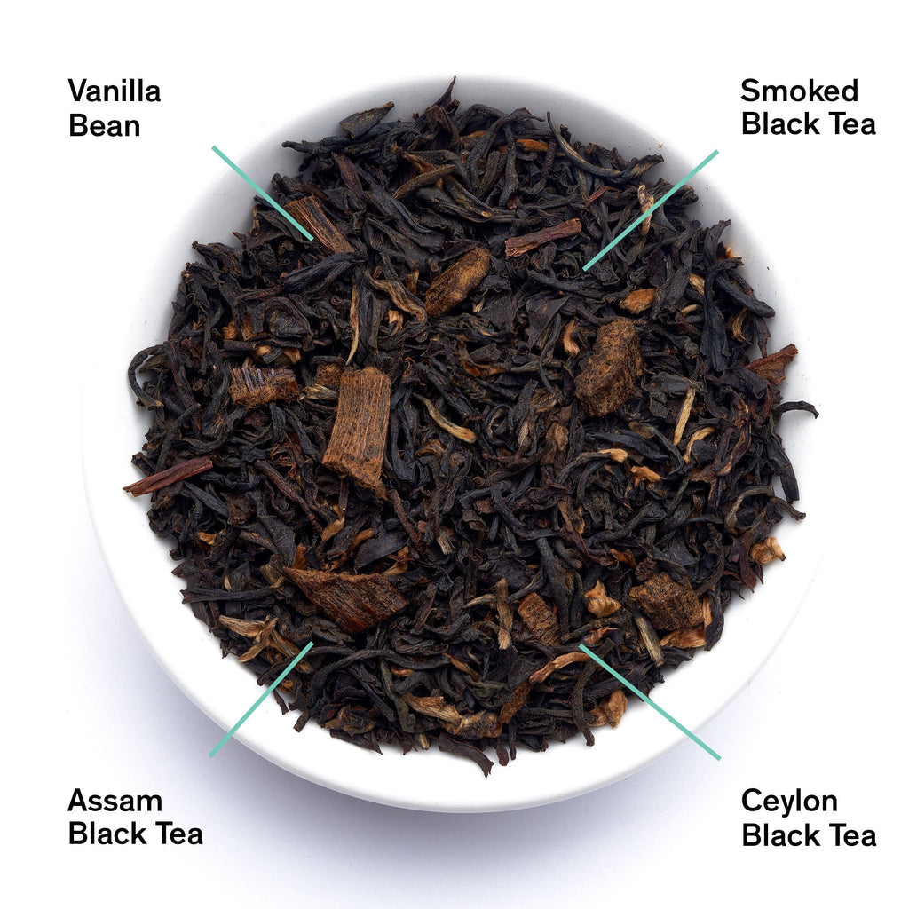 August Breakfast - Smoky Vanilla Black Tea, loose tea leaves in a bowl, featuring black tea, vanilla pieces, and smoky aroma.