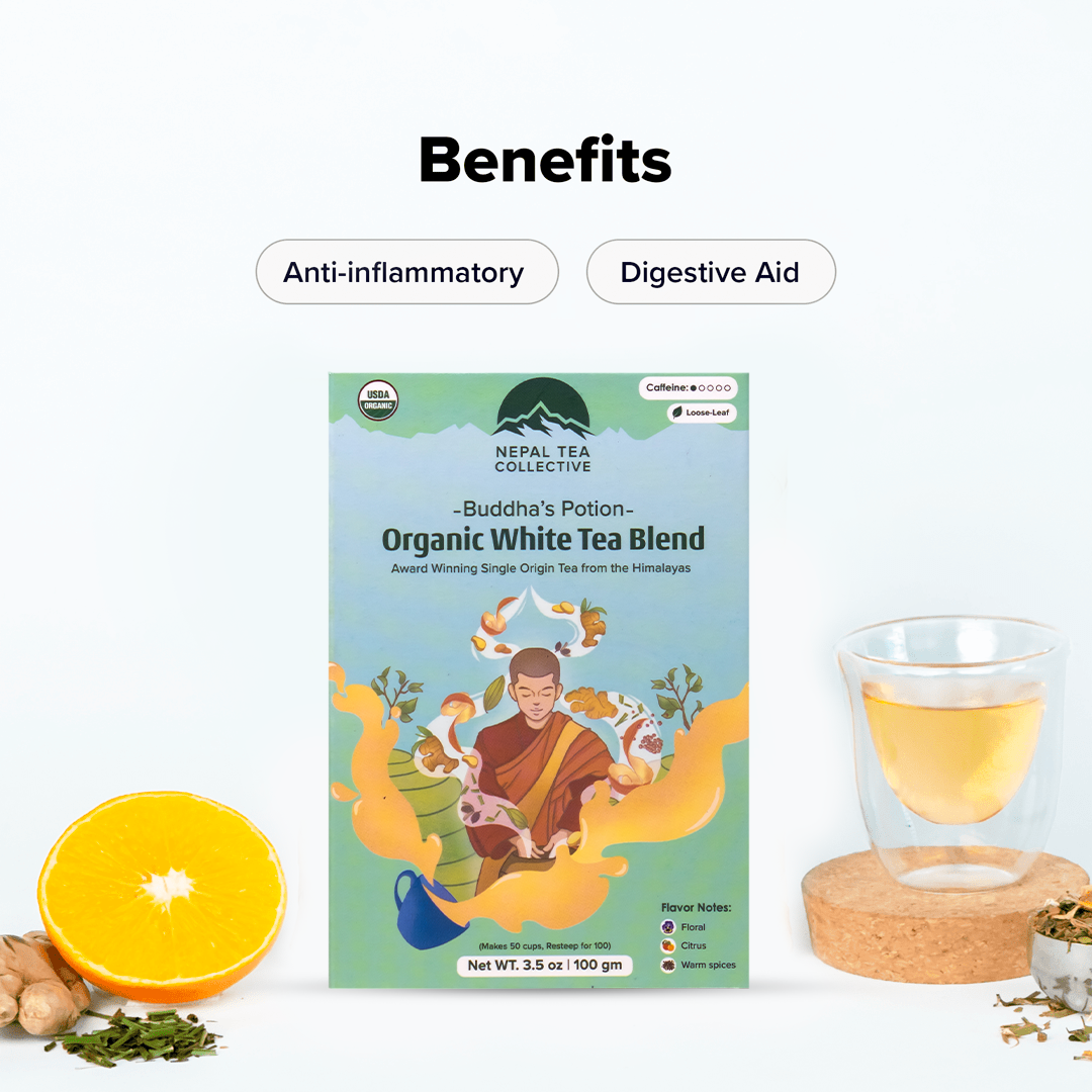 Buddha's Potion tea from Nepal Tea, displayed in a clear package showcasing its distinct label and design.