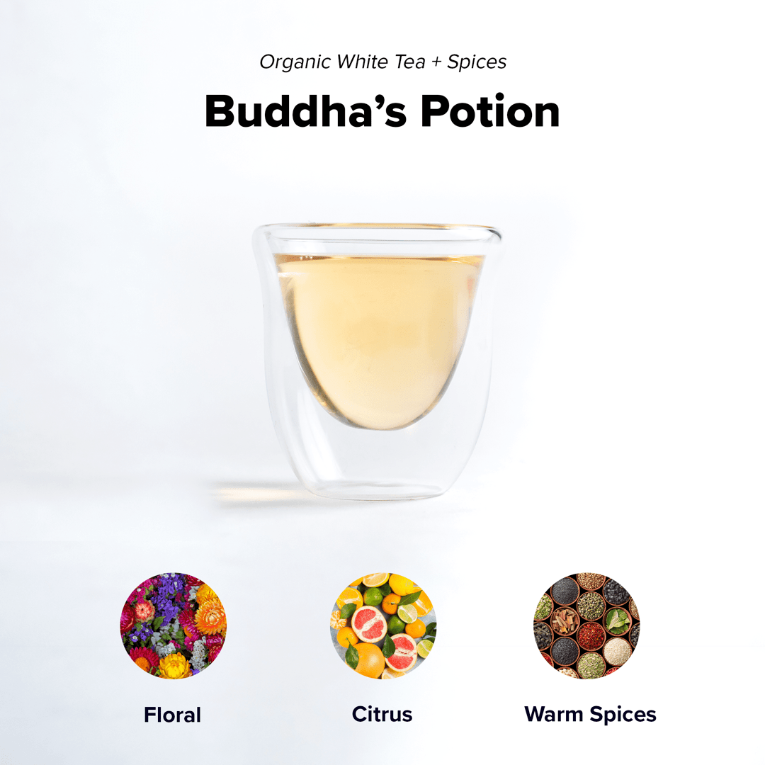 Buddha's Potion by Nepal Tea, an herbal tea blend in a tea bag, displayed against a neutral background.