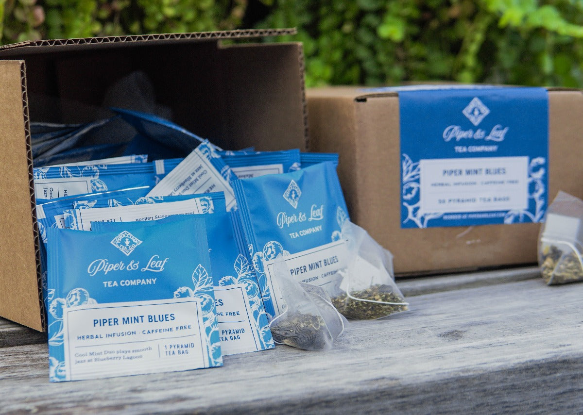 Piper and Leaf Piper Mint Blues Case of Individually Wrapped Tea Bags- 50ct, featuring a box with tea bags inside.