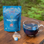 magiktea Palo Azul tea package with a cup of tea on a wooden surface