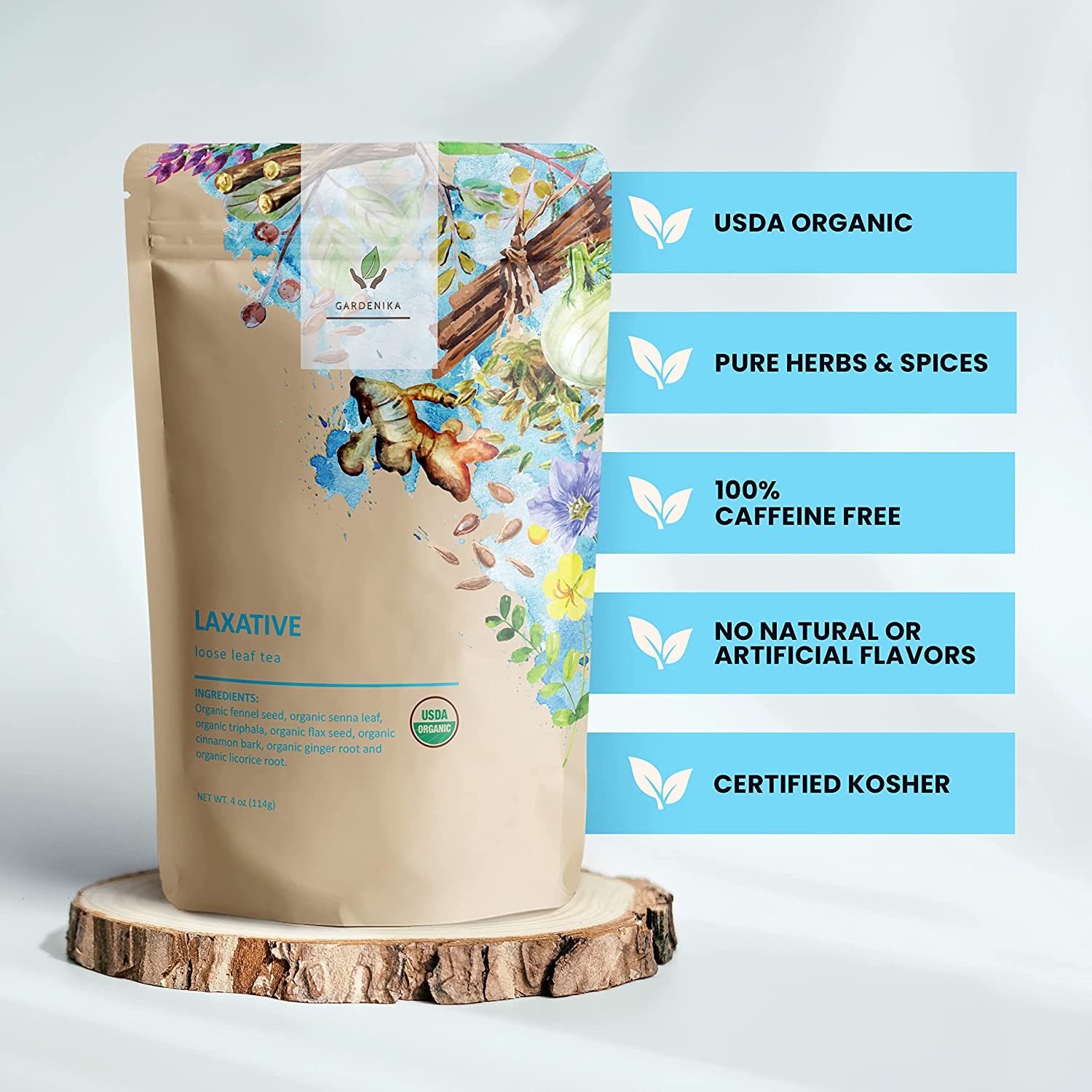 Gardenika Laxative Loose Leaf Tea, Gentle Constipation Relief - Ayurvedic Herbal Blend with Senna & Fennel - Digestive Health Support - Caffeine Free - 55+ Cups - USDA Organic & Kosher - 4 oz (113g)