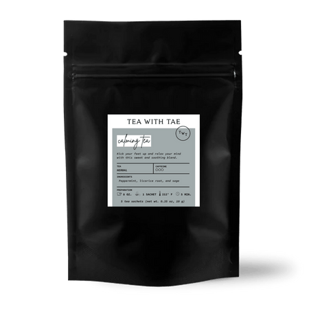 Tea with Tae Calming Tea 5ct. Pouch featuring 5 biodegradable pyramid sachets for a relaxing infusion of peppermint, licorice, and sage.