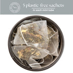 Tea with Tae Calming Tea Mini Tea Tube (5 tea bags) displayed in a clear tube, featuring five individually packaged tea bags.