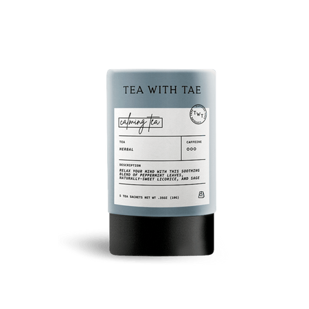 Tea with Tae Calming Tea Mini Tea Tube (5 tea bags) featuring eco-friendly sachets with peppermint, licorice, and sage blend.