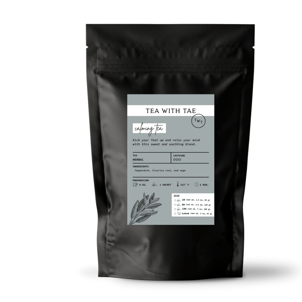 Tea with Tae Calming Tea Pouch displayed on a plain background, featuring calming herbal tea blend packaging.