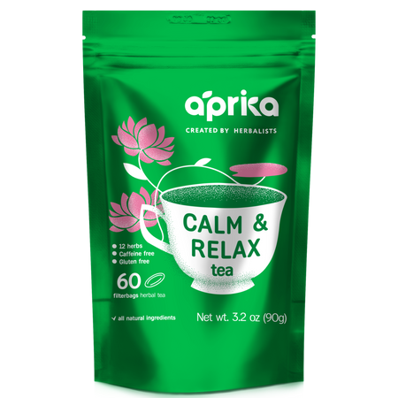 Aprika Life Calm and Relax Herbal Tea, 60 Bags, shown in packaging with herbal ingredients for stress relief and relaxation.