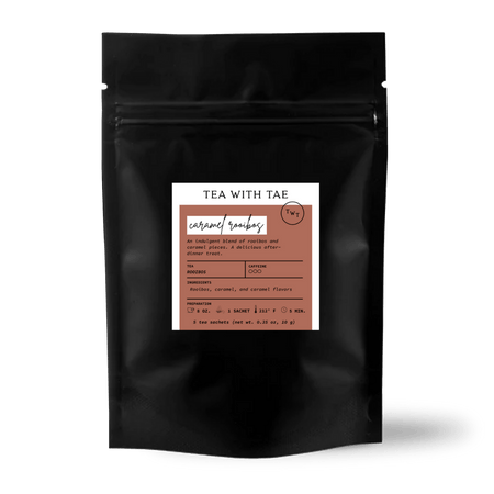 Tea with Tae Caramel Rooibos 5ct. Pouch featuring five biodegradable tea pyramid sachets with caramel-infused rooibos tea.