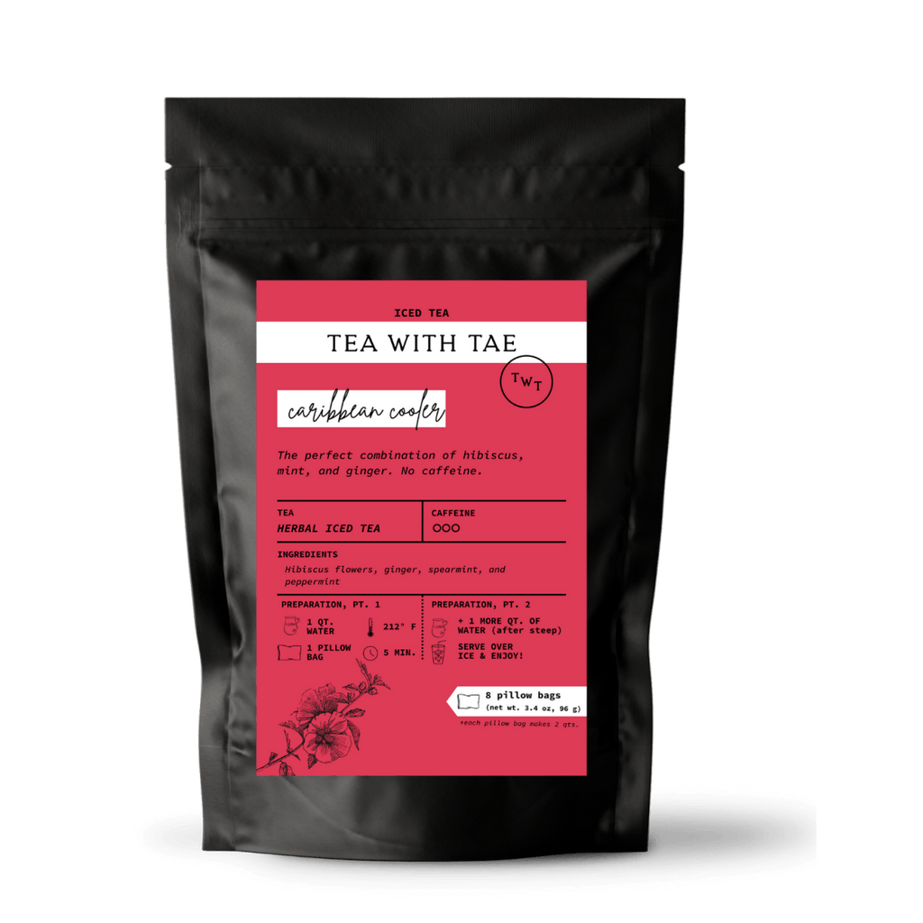 Tea with Tae Caribbean Cooler Iced Herbal Tea Pouch, featuring eco-friendly packaging with 8 pillow bags for brewing iced tea.
