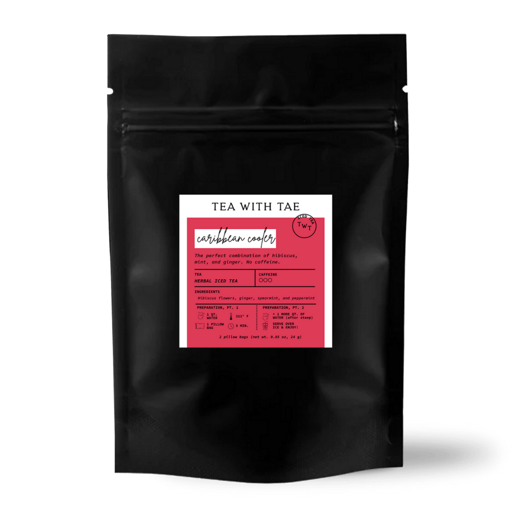 Tea with Tae Caribbean Cooler Iced Herbal Tea Sampler Pouch (2 Pillow Bags) displayed, featuring a vibrant tea blend packaging.