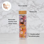 Pinky Up Blair: Botanical Bliss Glass Travel Infuser Mug with floral design and infuser for brewing tea on the go.