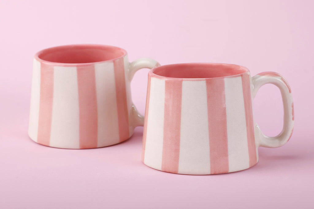 Casa Amarosa Ceramic Pink Stripe Cup- 220ml - 3.5 x 2.5 Inches (Set of 2)