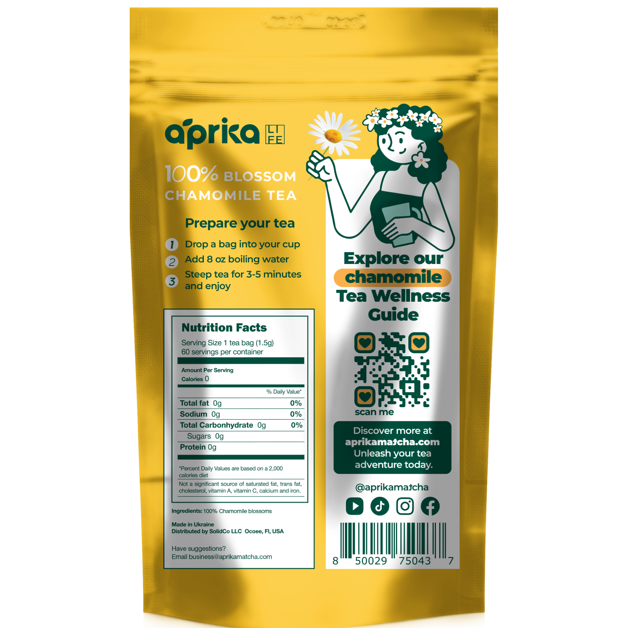 Aprika Life 100% Pure Chamomile Herbal Tea, 60 Bags