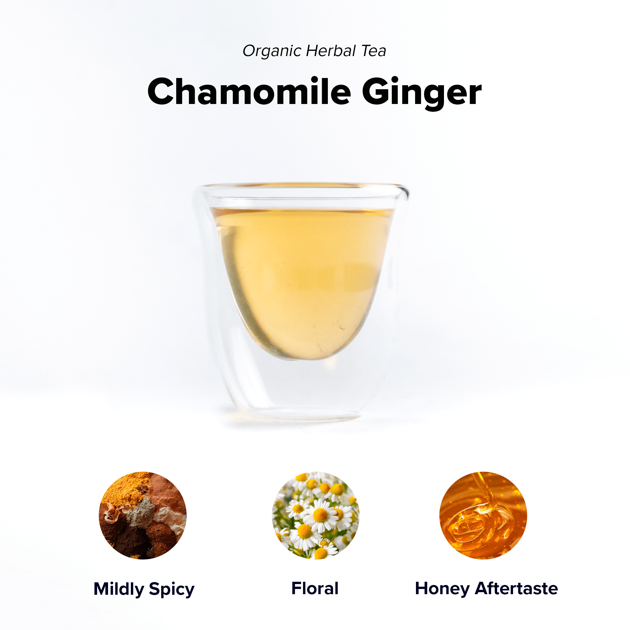 Chamomile Tea with Ginger by Nepal Tea in a clear packaging, showcasing dried chamomile flowers and ginger pieces.