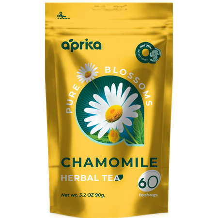 Aprika Life 100% Pure Chamomile Herbal Tea, 60 Bags in packaging, showcasing the calming herbal tea for relaxation and wellness.