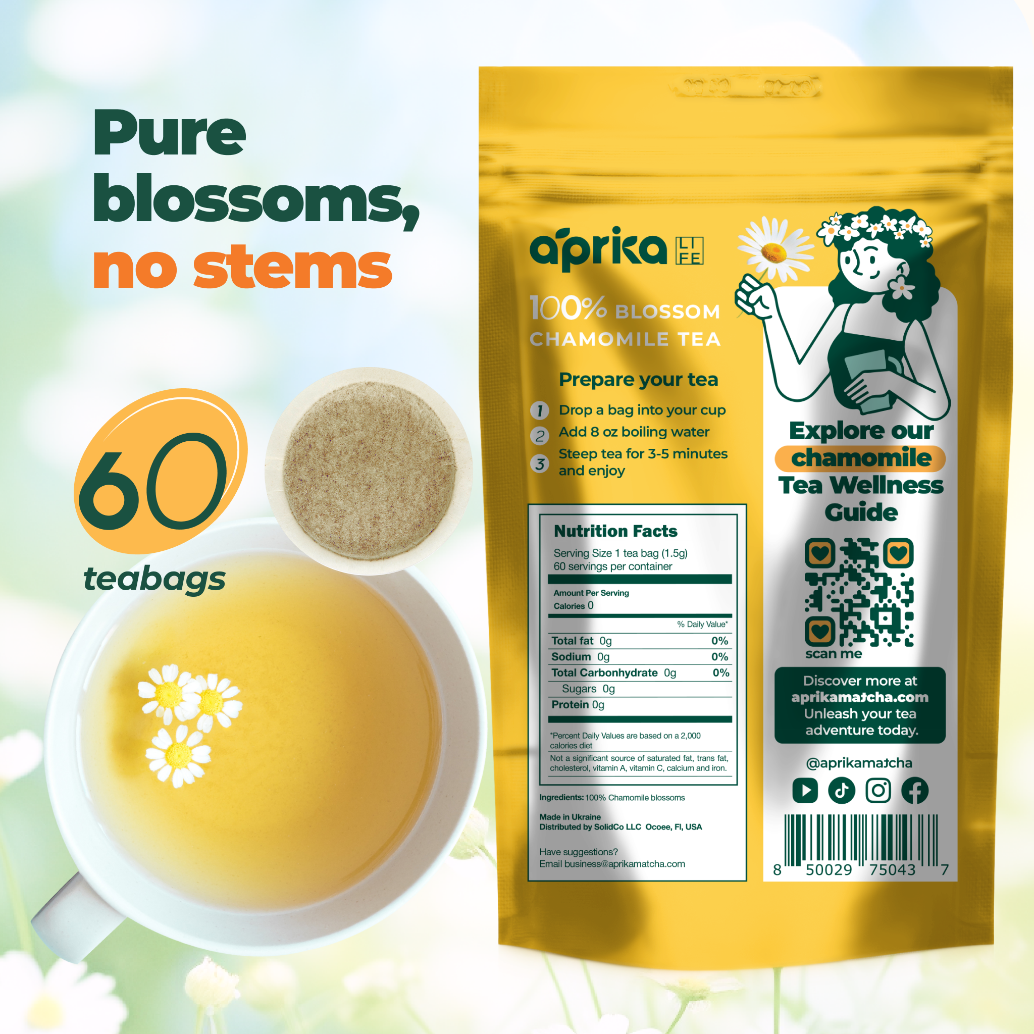 Aprika Life 100% Pure Chamomile Herbal Tea, 60 Bags