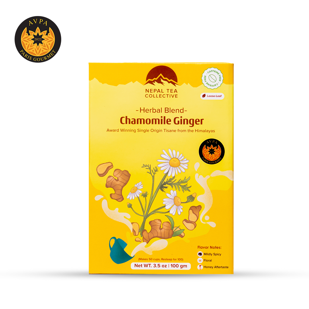 The Herbal Tea Bundle by Nepal Tea featuring chamomile and ginger tea in a clear packaging