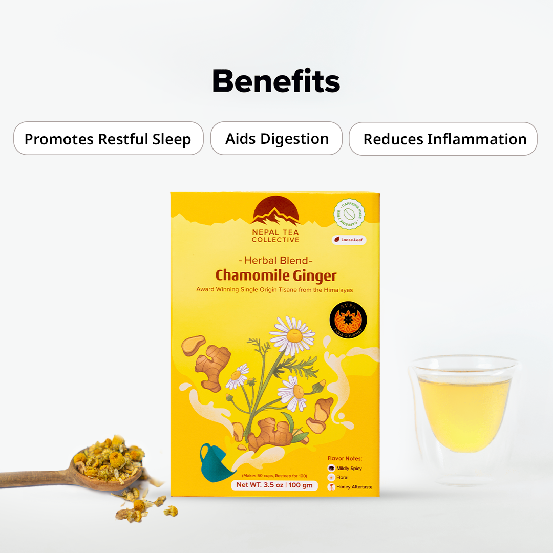 Chamomile Tea with Ginger by Nepal Tea in a clear tea cup, showcasing the herbal blend with ginger pieces visible.