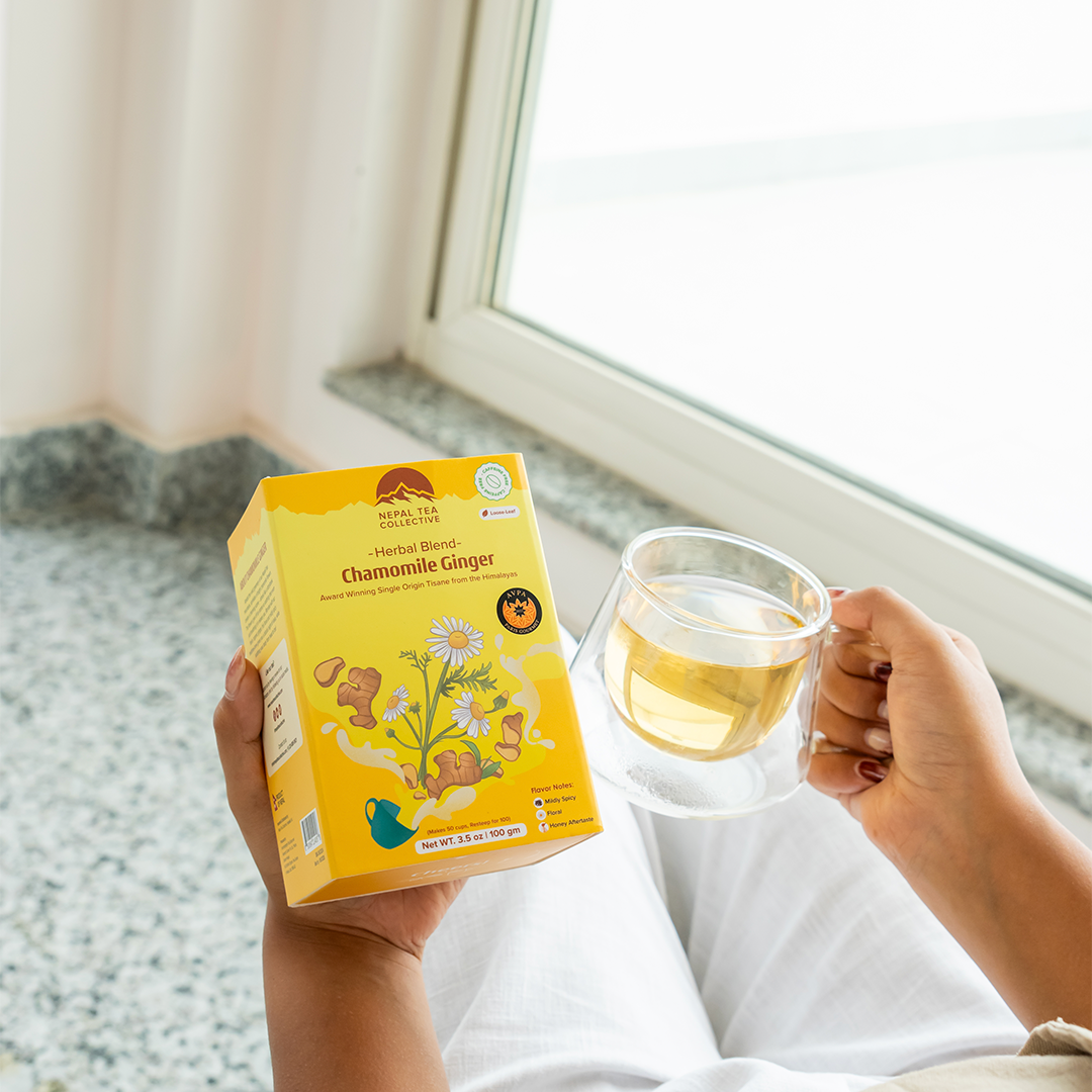 Chamomile Tea with Ginger by Nepal Tea, featuring a tea cup filled with chamomile and ginger tea