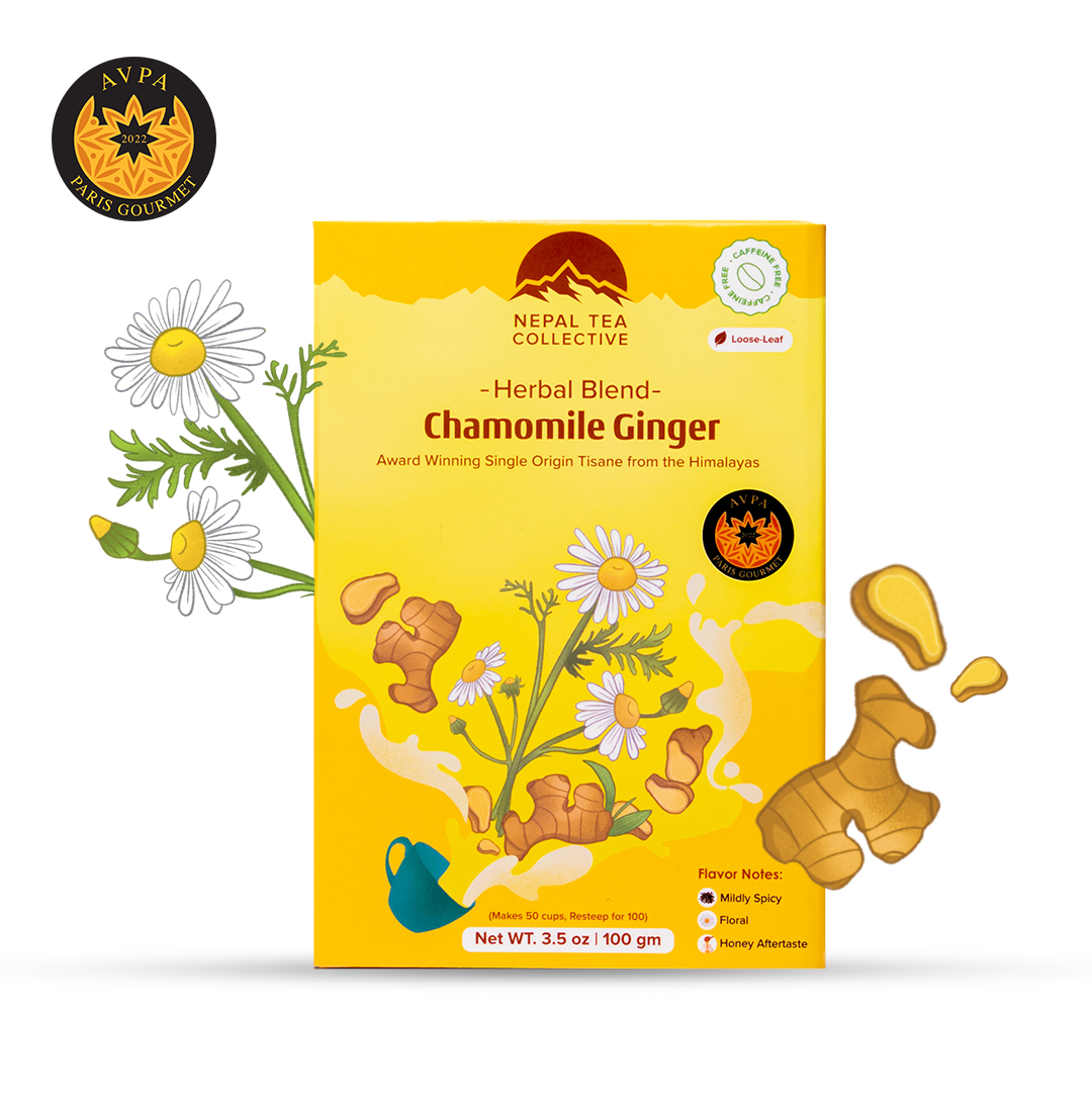 Chamomile Tea with Ginger by Nepal Tea, featuring a soothing blend of chamomile and ginger in a tea cup.