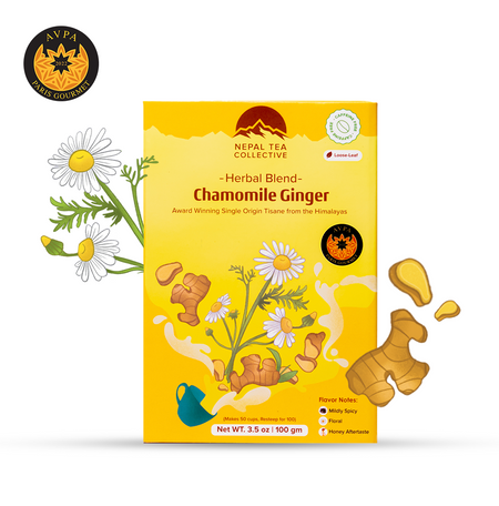 Chamomile Tea with Ginger by Nepal Tea, featuring a soothing blend of chamomile and ginger in a tea cup.