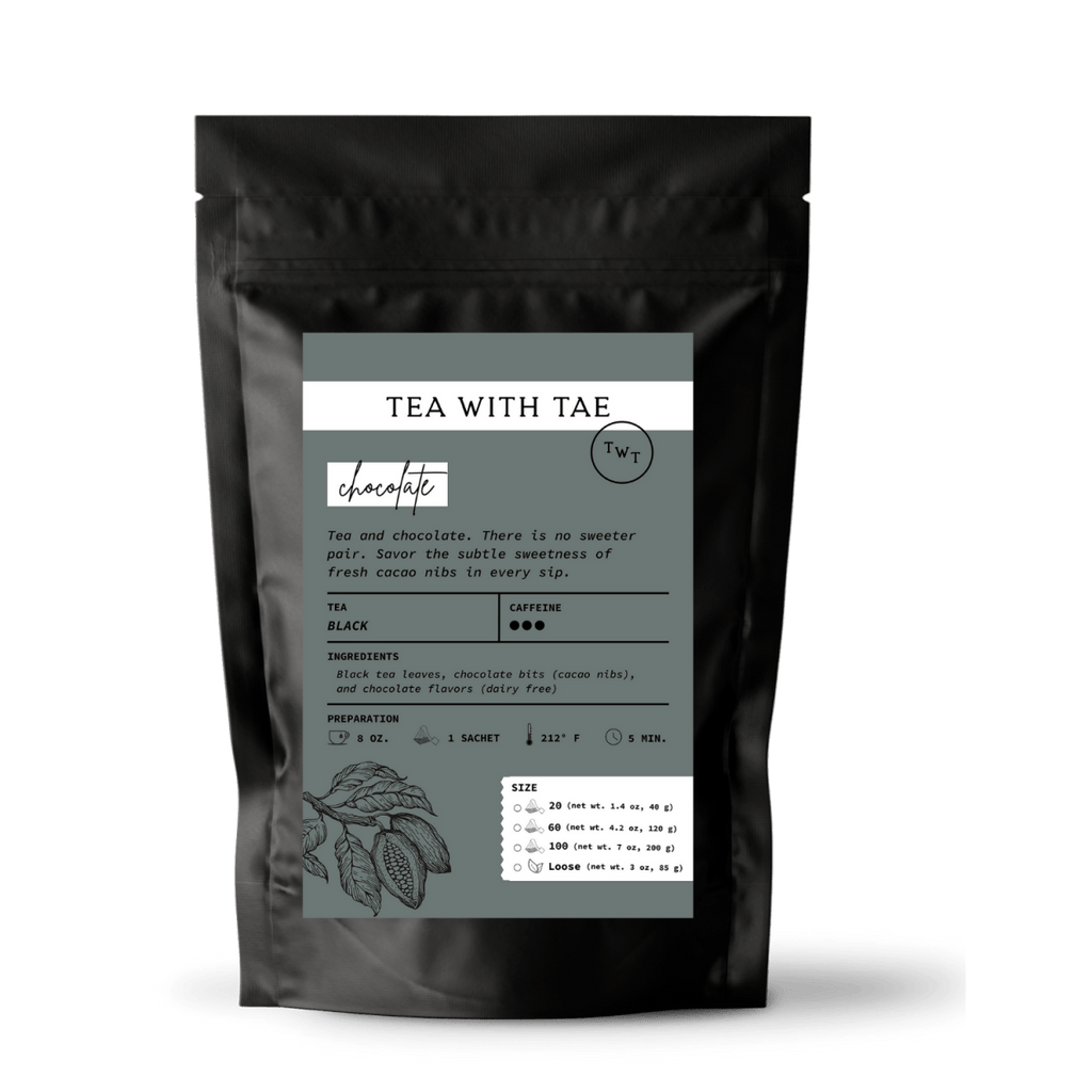 Tea with Tae Chocolate Tea Pouch by Tea with Tae, featuring a pouch of chocolate tea in a clear bag.