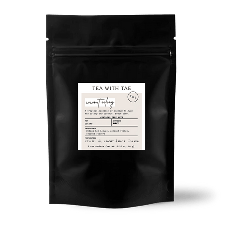 Tea with Tae Coconut Oolong 5ct. Pouch, featuring pyramid sachets made from biodegradable sugarcane, ideal for travel and gifting.