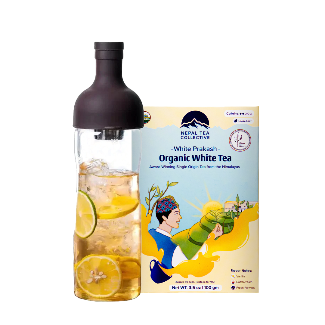 Cold Brew Bundle by Nepal Tea featuring an 800ml Cold Brew Infuser Bottle and 100g of White Prakash tea.