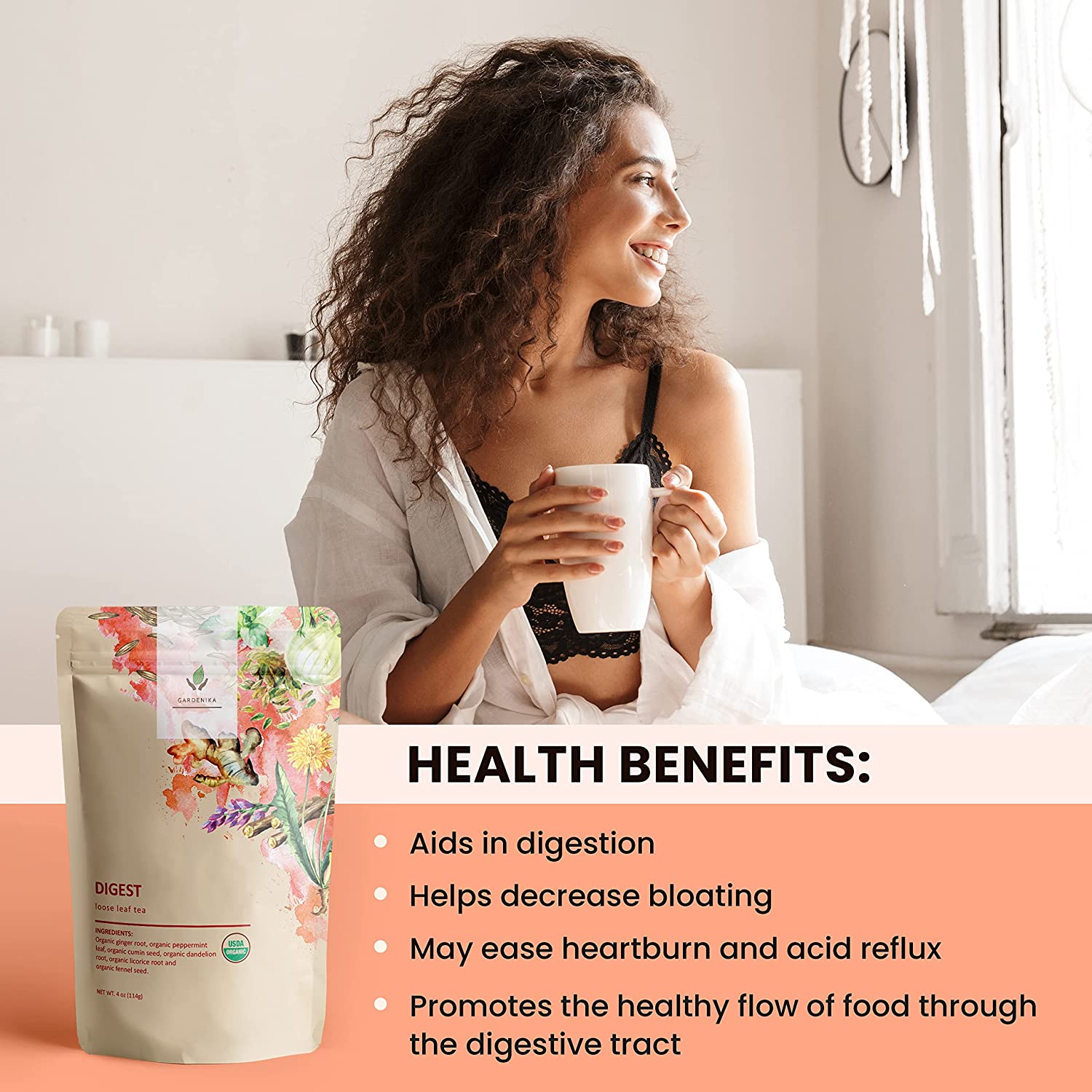 Gardenika Digest Loose Leaf Tea, USDA Organic, Kosher, Caffeine-Free - 4 oz (114g)